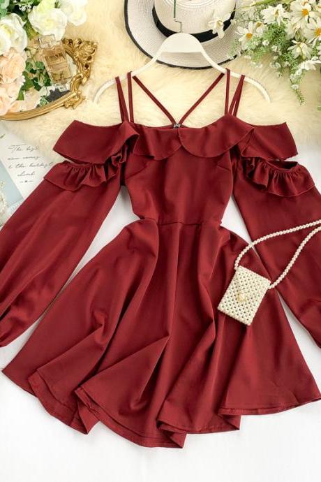 Design Solid Color Off-The-Shoulder Long Sleeves Sling High Waist Dress