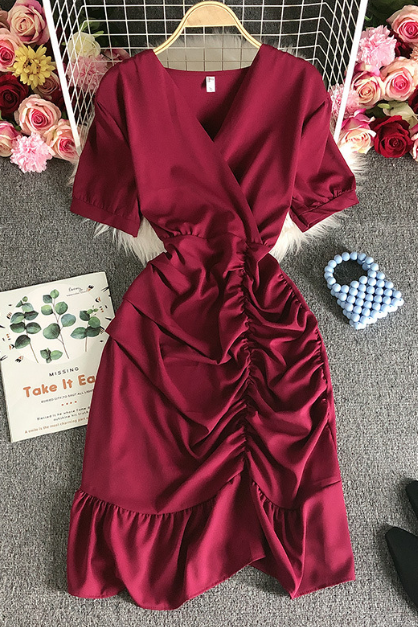 V-neck Solid Color High Waist Short Sleeve Dress