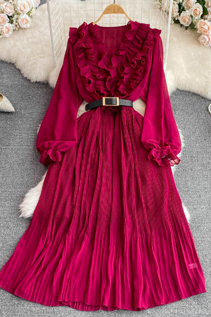 Solid Color Vintage V-neck Ruffle Long Sleeve Dress