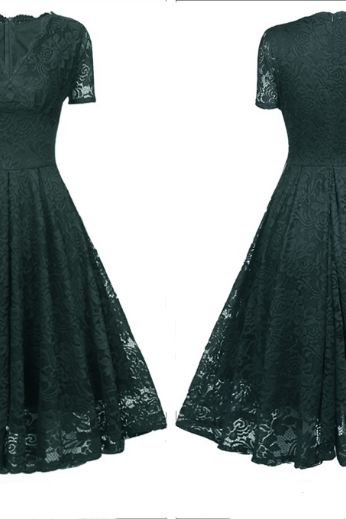 Vintage Women&amp;#039;s V-neck Lace Short Sleeve Dress