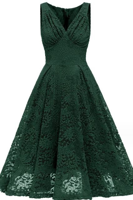 V-neck Solid Color Lace Sleeveless Dress