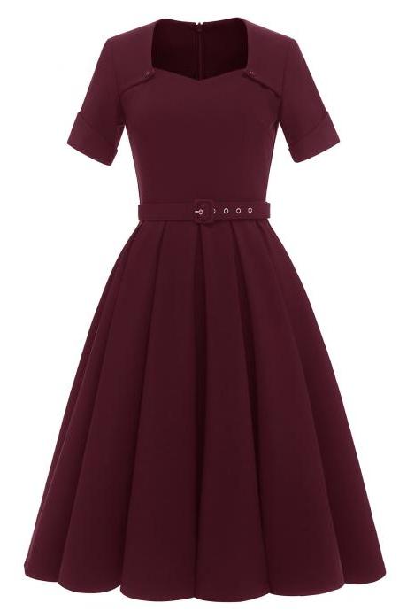 Solid Color Retro Women&amp;#039;s Short Sleeved Dress