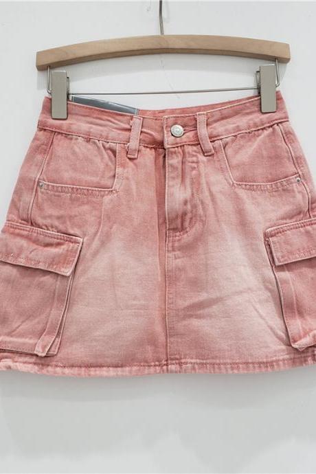 Pink Women's High Waist Wrap Buttocks Denim Skirt