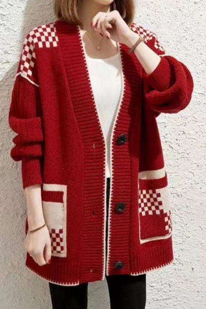 Women's Loose V-neck Sweater Knitted Cardigan Jacket