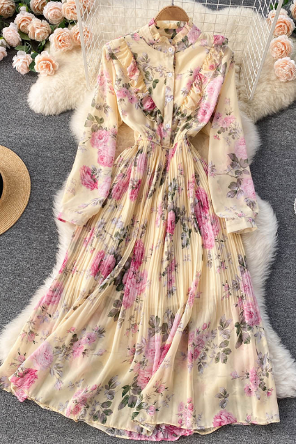 Elegant Temperament High Waisted Long Sleeved Floral Chiffon Dress