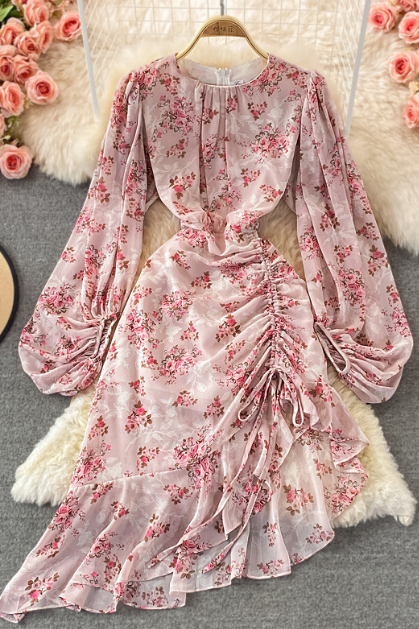 Irregular High Waisted Bubble Sleeved Round Neck Floral Chiffon Dress