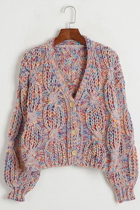Women's V-neck Loose Knit Long Sleeved Sweater Jacket