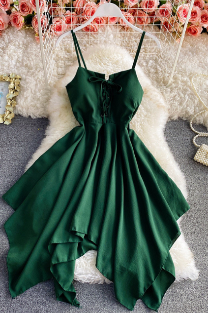 Solid Color Sleeveless Irregular Sling High Waisted Dress