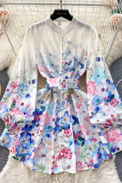Design Printed Button Slim Bubble Sleeve Dress