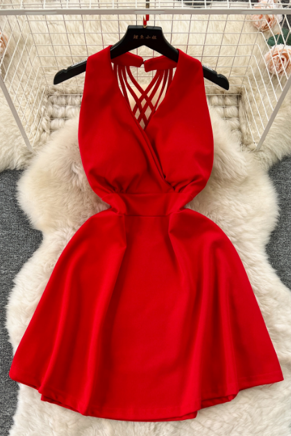 Sexy V-neck Design Sleeveless High Waist Dress
