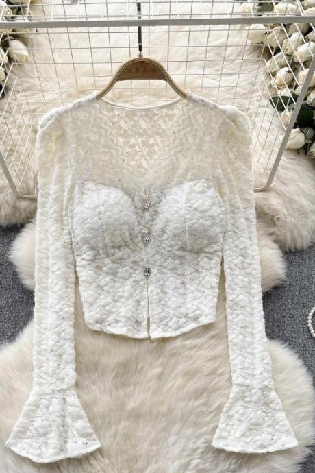 Lace Temperament V-neck Buckle Slim Fitting Long Sleeved Shirt Top