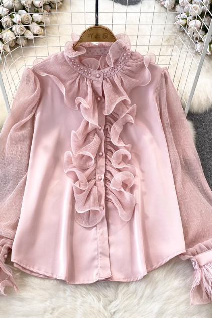 Sweet Solid Color Long Sleeved Spliced Chiffon Shirt Top