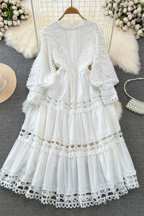 Round Neck Long-sleeved Lace Hollow Patchwork Dress