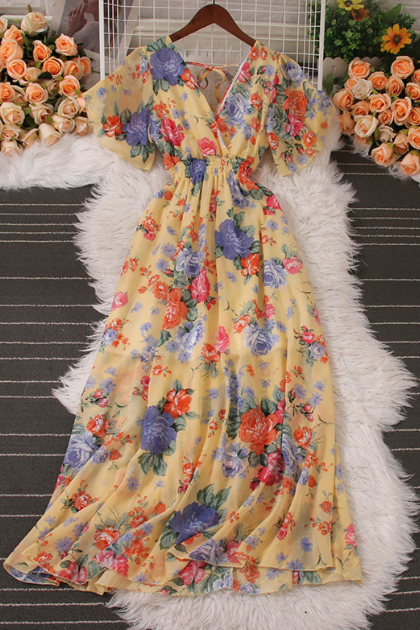 Short Sleeved Printed V-neck Chiffon Dress