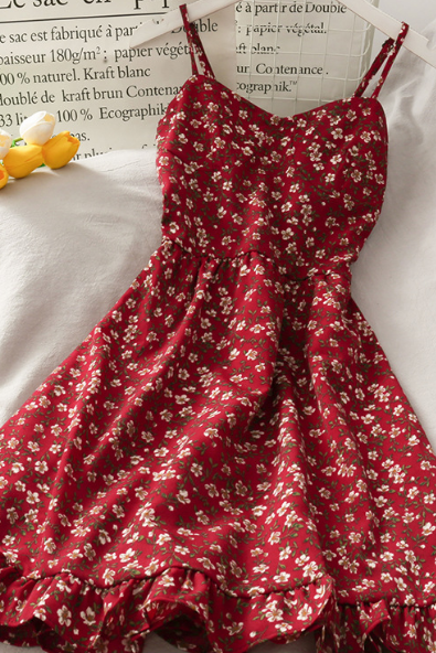 Retro Floral High Waist Sling Ruffle Edge Printed Dress
