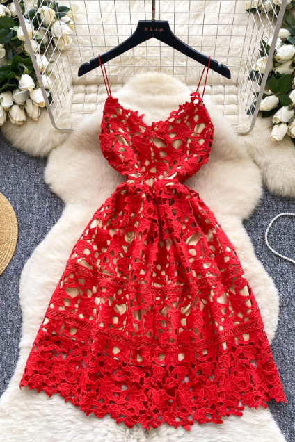 Lace Overlay A-line Dress With Floral Embroidery on Luulla