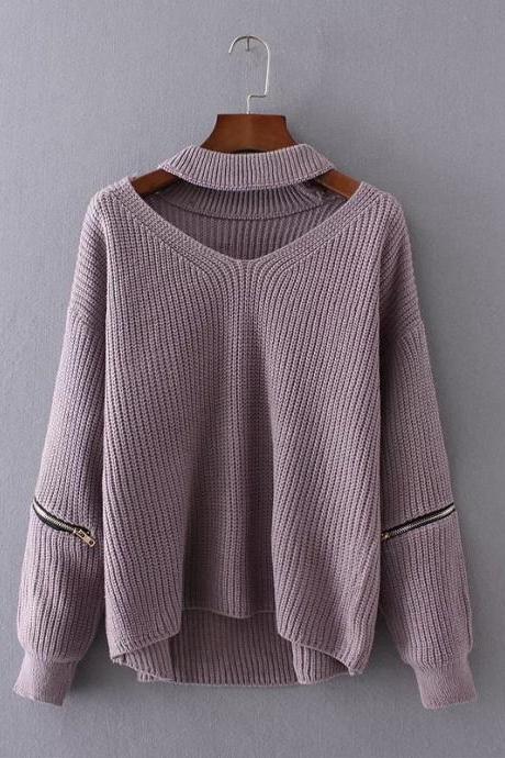 Loose V-neck Zipper Sweater Ds22501jh