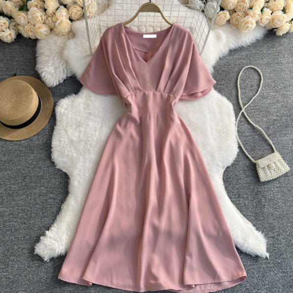 V-Neck Solid Color Short-Sleeved High-Waist Dress