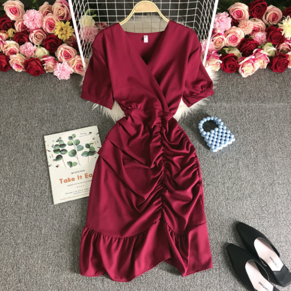 Solid Color V-Neck High Waist Short Sleeve Dress