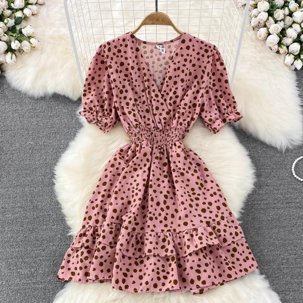 Sweet Temperament V-Neck Puff Sleeve Leopard Print Dress