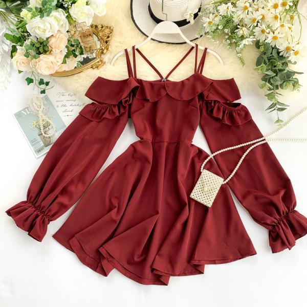Design Solid Color Off-The-Shoulder Long Sleeves Sling High Waist Dress