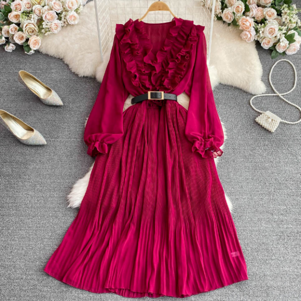 Solid Color Vintage V-Neck Ruffle Long Sleeve Dress