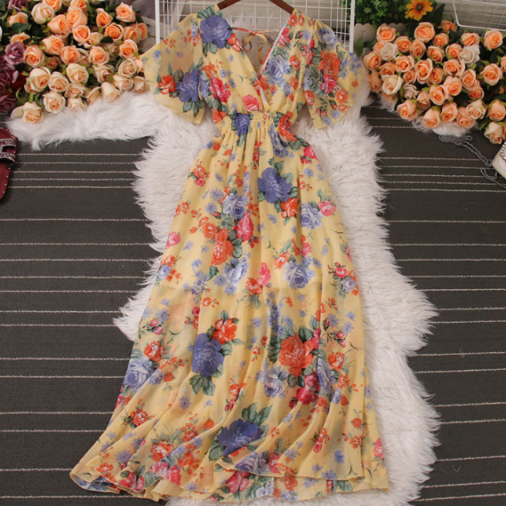 Short Sleeved Printed V-Neck Chiffon Dress