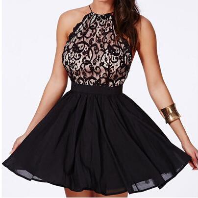 Stylish Sexy Lace Halter See-Through Midi Dress