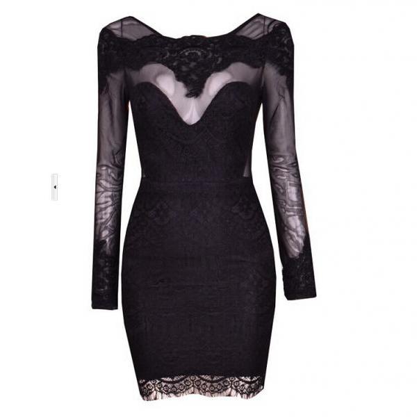 Sexy Round Neck Long-sleeved Lace Stitching Package Hip Dress GH40218JU ...