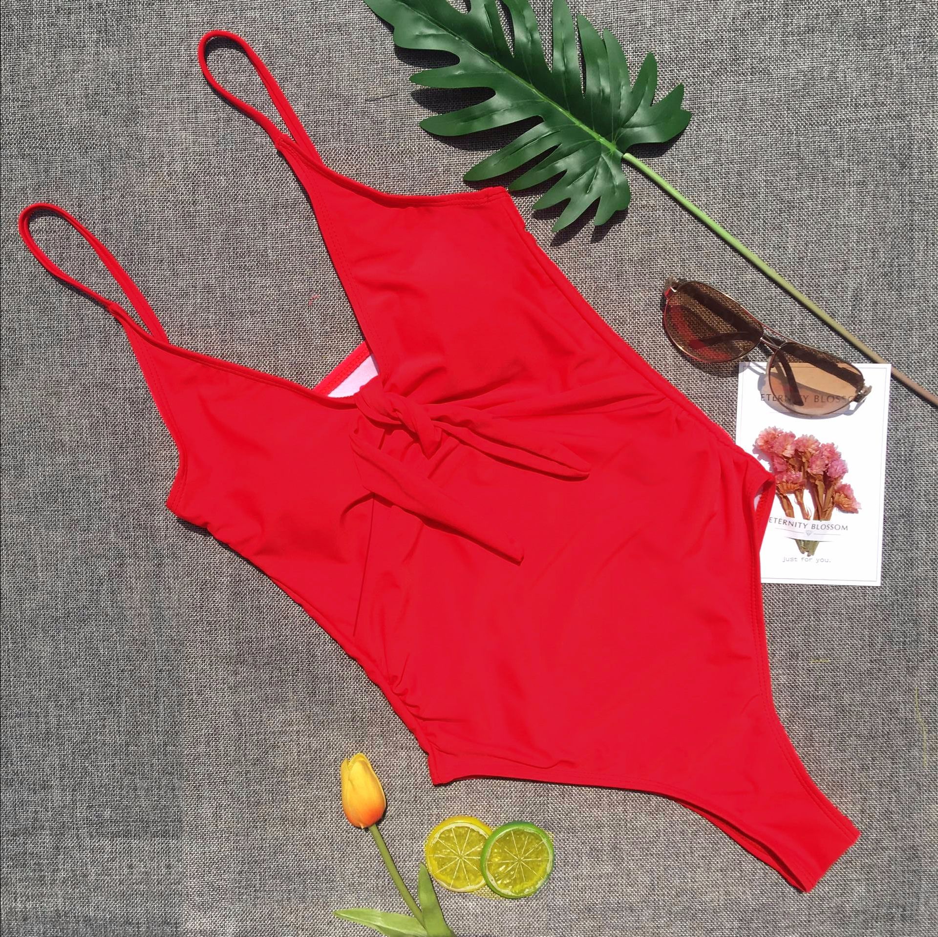Bikini Solid Color Bow One Piece Swimsuit Lady Sexy Swimsuit Red on Luulla
