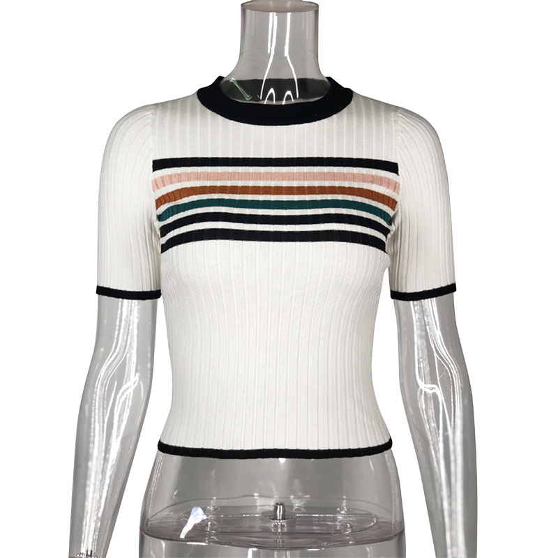 Round Neck Stripe Short Sleeve Blouses